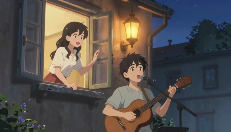 Visual representation of "serenade" - A romantic performance or piece of music sung or played in the open air, usually under a person's window in the evening
