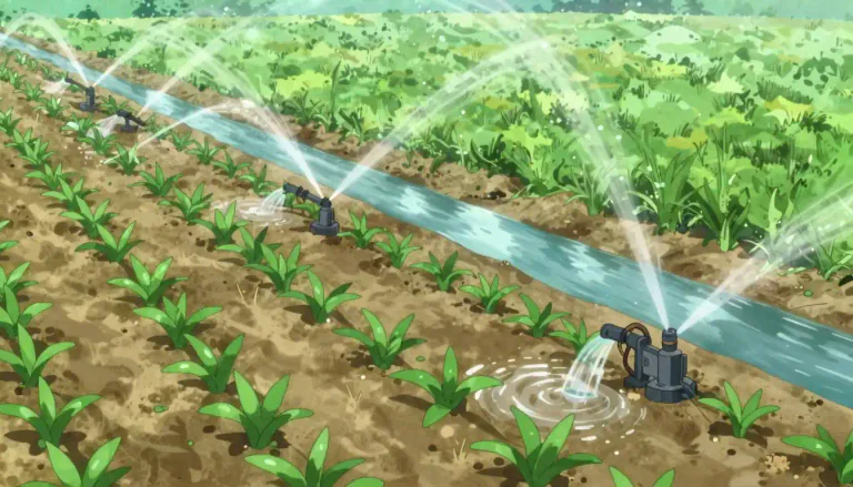Visual representation of "irrigate" - To supply water to plants, crops, or land to help them grow.