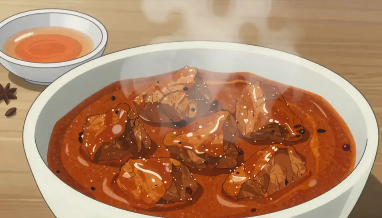 Visual representation of "vindaloo" - A spicy Indian curry dish made with marinated meat, usually pork, and seasoned with a blend of spices and vinegar.