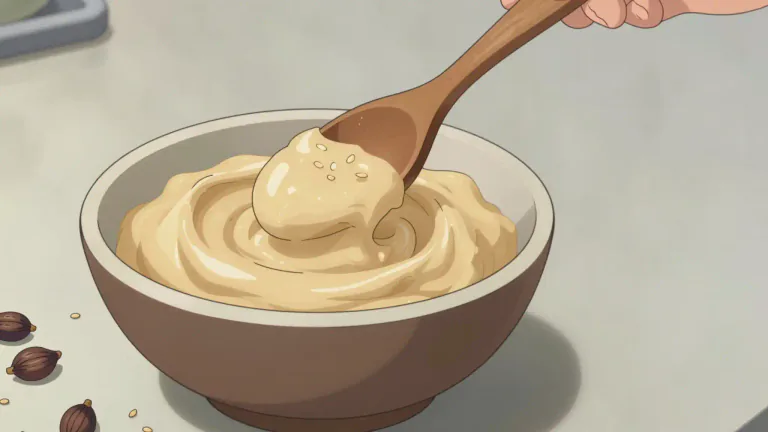 Visual representation of "tahini" - Tahini is a thick paste made from ground sesame seeds, often used in cooking as a dip or a component in various dishes.