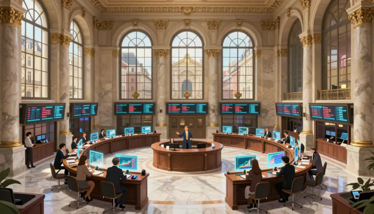 Visual representation of "bourse" - A stock exchange in non-English-speaking countries, especially France.