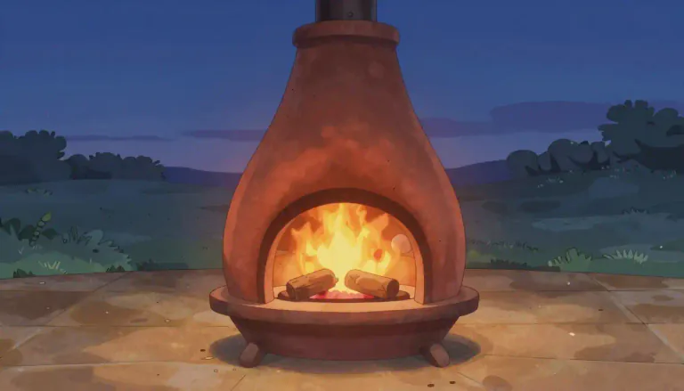 Visual representation of "chiminea" - A chiminea is a type of circular fireplace, typically made of clay, used outdoors for warmth or cooking.