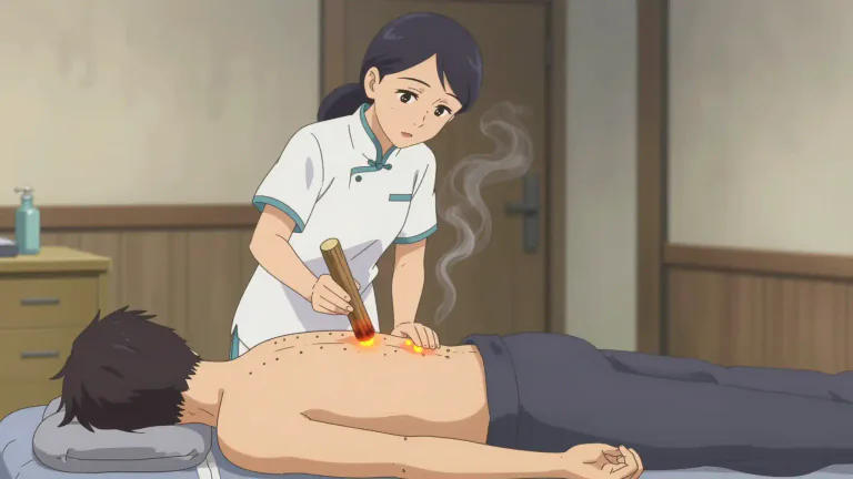 Visual representation of "moxibustion" - A traditional Chinese medicine practice that involves burning mugwort near acupuncture points to improve health.