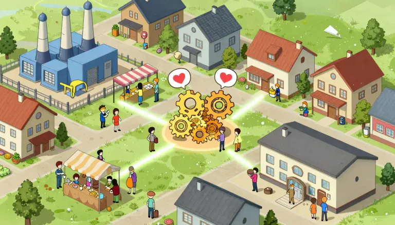Visual representation of "socioeconomics" - The combined study of how societal and economic interactions affect communities.