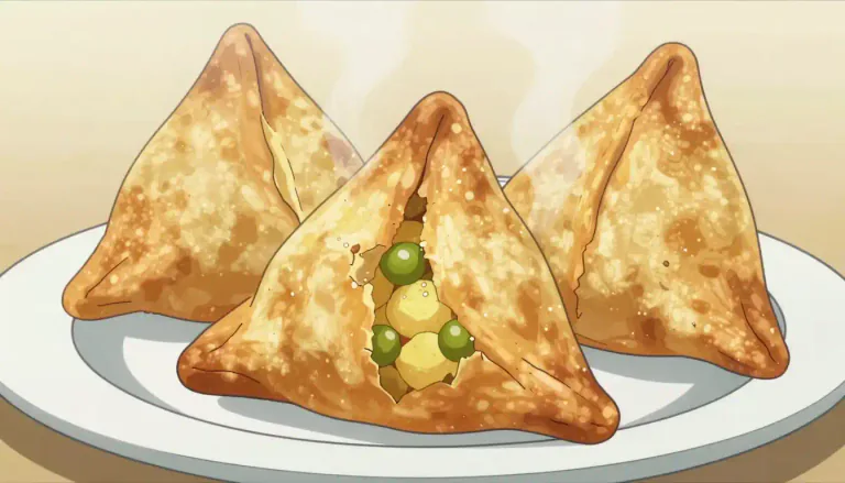Visual representation of "samosa" - A triangular pastry filled with spiced potatoes, peas, or meat, commonly eaten as a snack or appetizer.