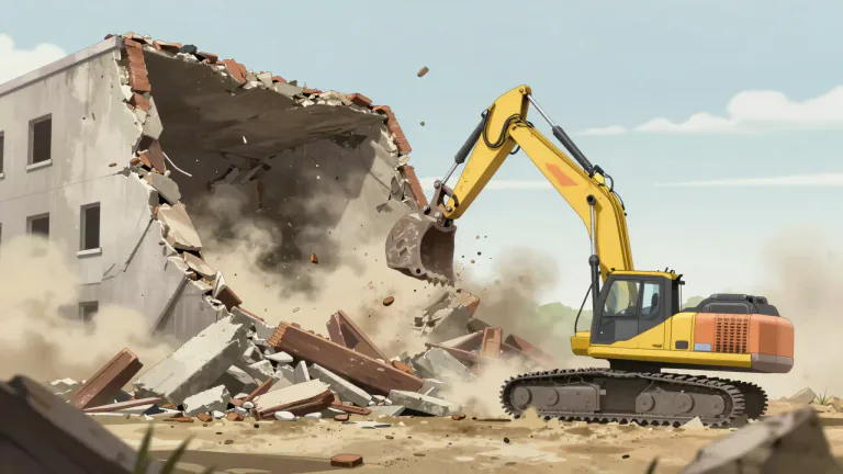 Visual representation of "demolish" - To completely destroy a building or other structure