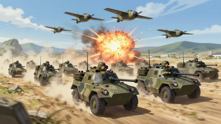 Visual representation of "blitzkrieg" - A swift and sudden military offensive, particularly in World War II, characterized by rapid movement and surprise attacks.