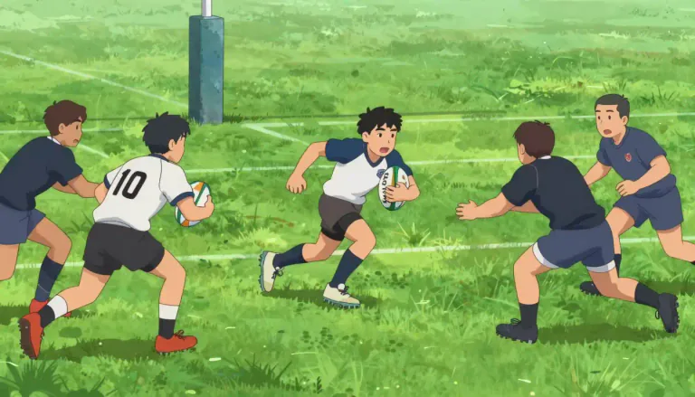 Visual representation of "rugby" - A team sport where the players run with an oval ball in their hands and try to place it behind the opponent's goal line or kick it between posts.