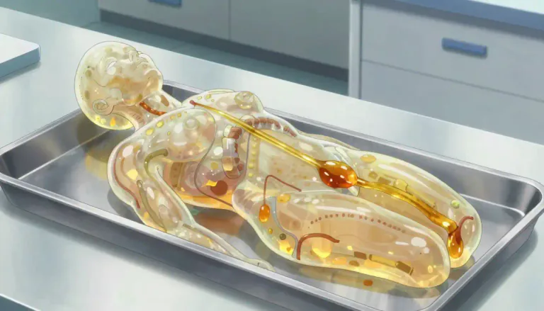 Visual representation of "plastination" - Plastination is a technique for preserving biological tissues by replacing body fluids with synthetic polymers.