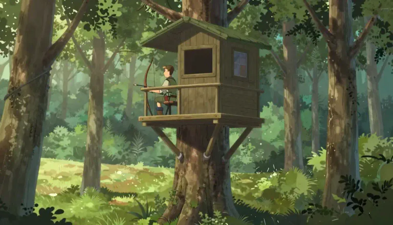 Visual representation of "treestand" - A treestand is a structure used by hunters to sit or stand in trees while hunting game, especially deer.