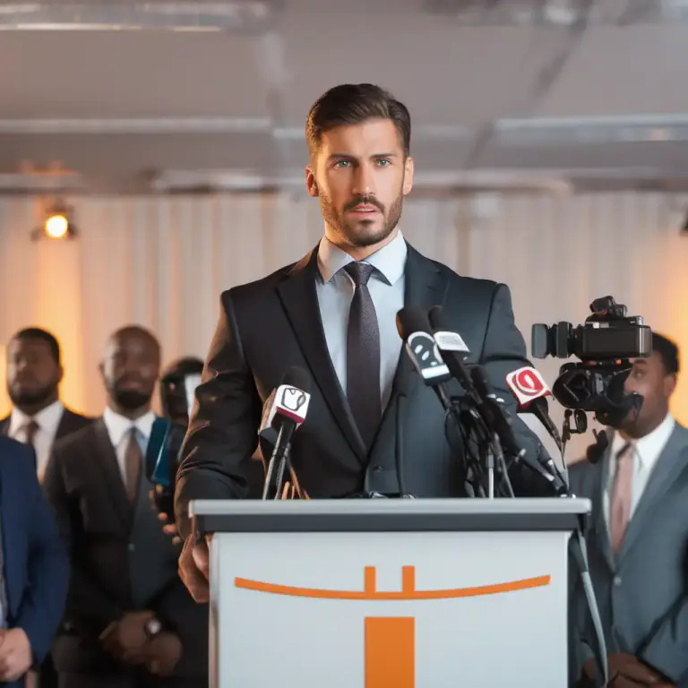 Visual representation of "frontman" - A person who represents an organization and speaks on its behalf, particularly when it involves dealing with the public or the media.