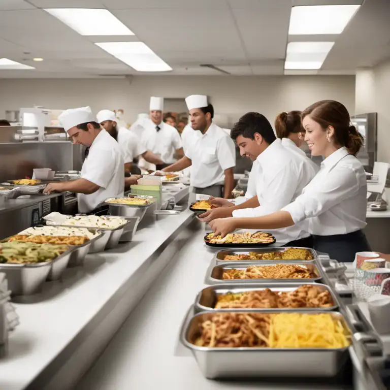 Visual representation of "cafeteria" - A system of serving meals in a place such as a school, in which each person collects their food on a tray and pays at the end of the counter.