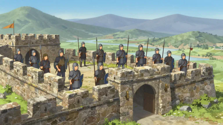Visual representation of "garrison" - A group of soldiers stationed in a place to protect it