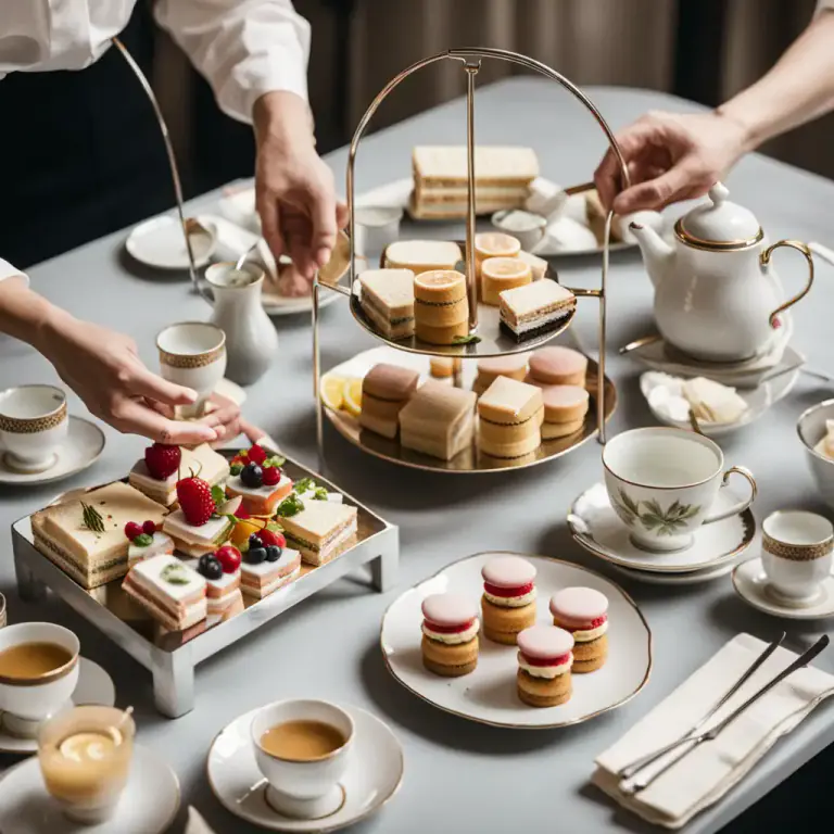 Visual representation of "tea" - A light afternoon meal consisting typically of tea to drink, sandwiches and cakes