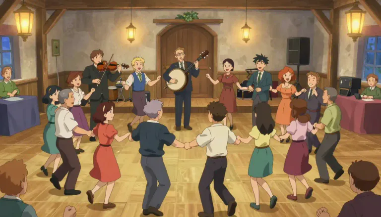 Visual representation of "ceili" - A traditional Irish social gathering where people dance to traditional music, often involving group dances.