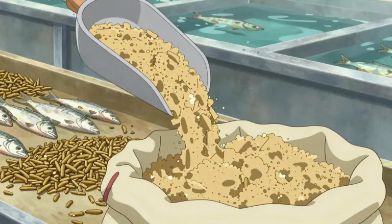 Visual representation of "fishmeal" - Fishmeal refers to a type of animal feed made from cooked, dried, and ground fish, typically rich in protein and used primarily for fish and livestock.