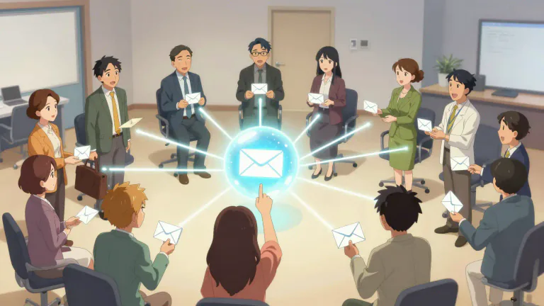 Visual representation of "listserve" - A mailing list that allows members to send emails to all other subscribed users efficiently.