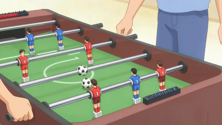 Visual representation of "foosball" - A table game that resembles soccer, where players use rods to control figures that kick a ball into the opposing goal.
