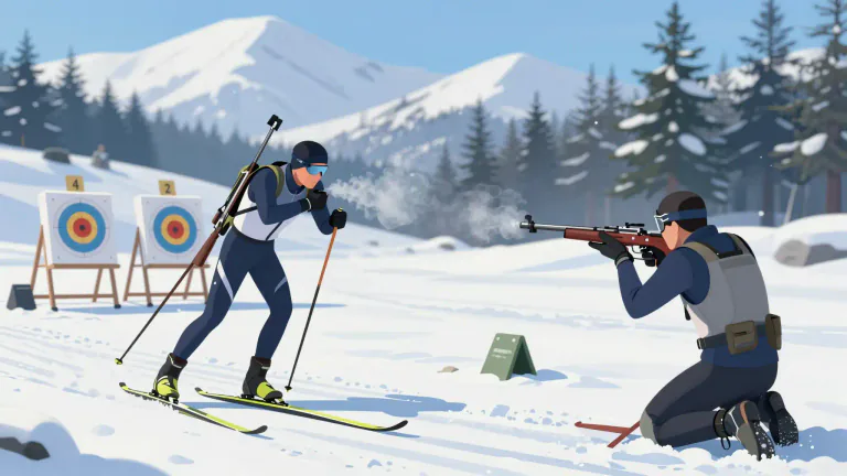 Visual representation of "biathlon" - A winter sport that combines cross-country skiing and rifle shooting, typically raced over a course that includes both skiing distances and shooting range.