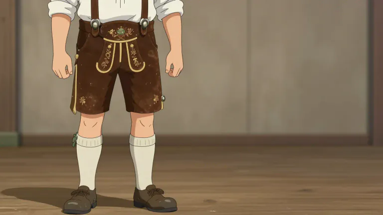 Visual representation of "lederhosen" - A pair of traditional leather shorts worn by men, typically associated with Bavarian and Austrian folk costumes.