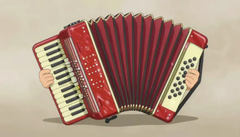 Visual representation of "squeezebox" - A squeezebox is a small accordion, a musical instrument that produces sound by forcing air through reeds.