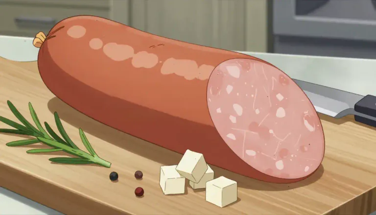 Visual representation of "mortadella" - A large Italian sausage made from pork and flavored with spices and herbs, often containing pieces of lard.