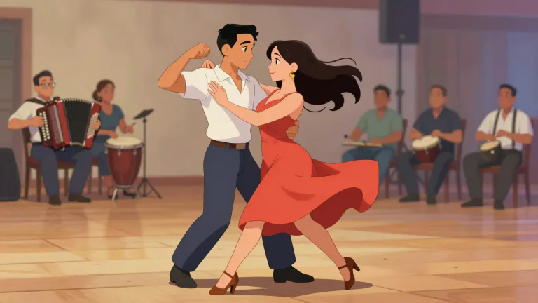 Visual representation of "merengue" - A lively dance and musical style that originated in the Dominican Republic, characterized by a fast pace and simple, rhythmic footwork.