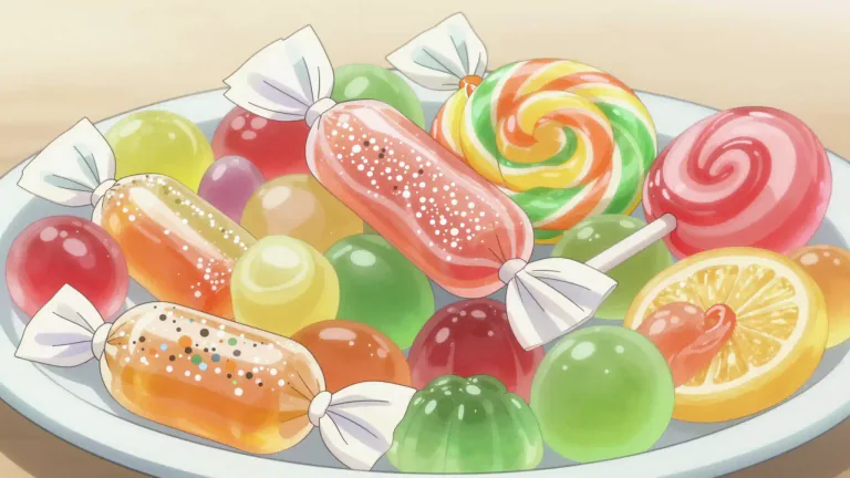 Visual representation of "candy" - A sweet food made with sugar or syrup. It is often chewing or sucking.