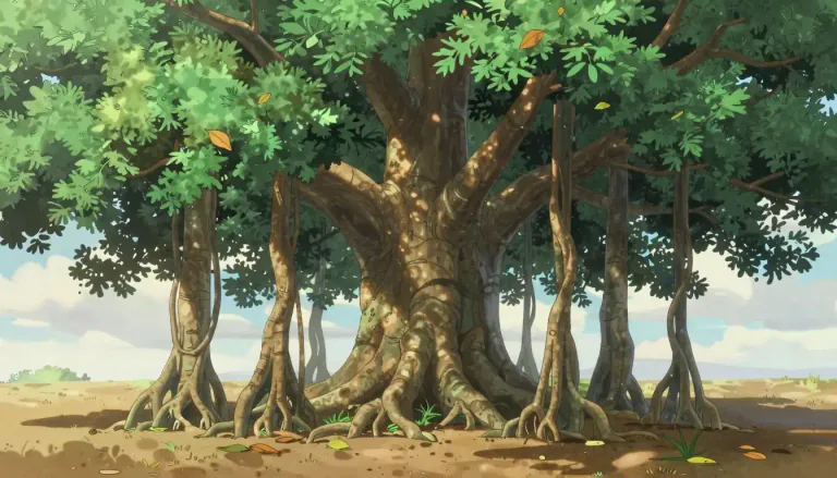 Visual representation of "banyan" - A type of large tree native to India, with branches that produce roots that become secondary trunks