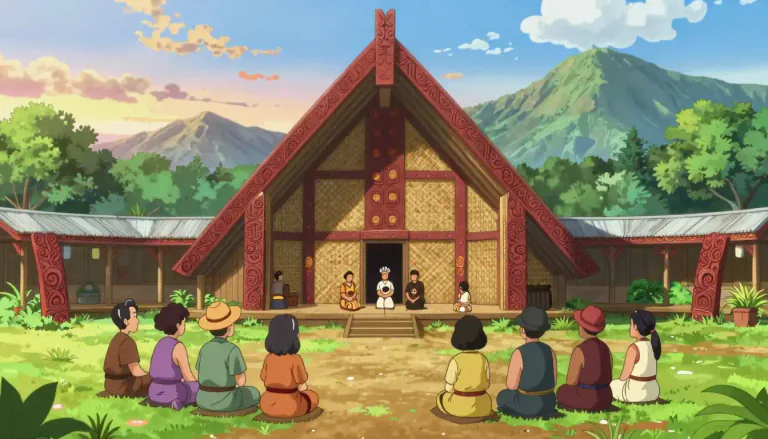 Visual representation of "marae" - A marae is a communal or sacred place in Māori culture where meetings and ceremonies take place.