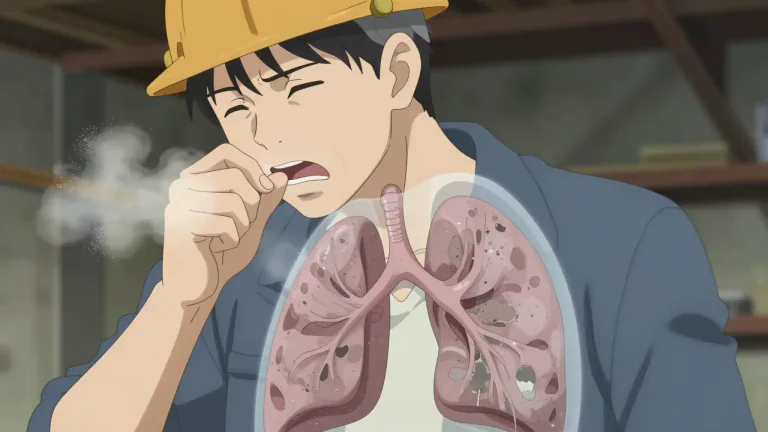 Visual representation of "asbestosis" - A serious lung disease caused by inhaling asbestos fibers, leading to scarring of the lungs.