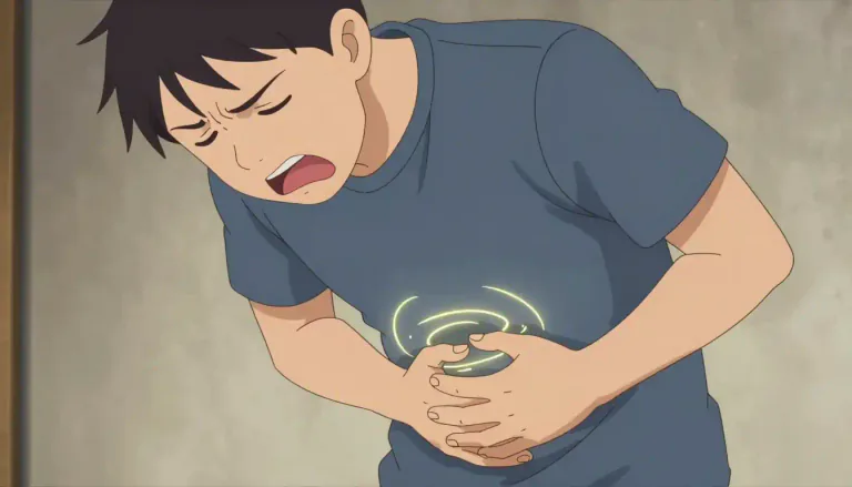 Visual representation of "stomachache" - A pain in the stomach area, often caused by food digestion issues or other gastrointestinal problems.