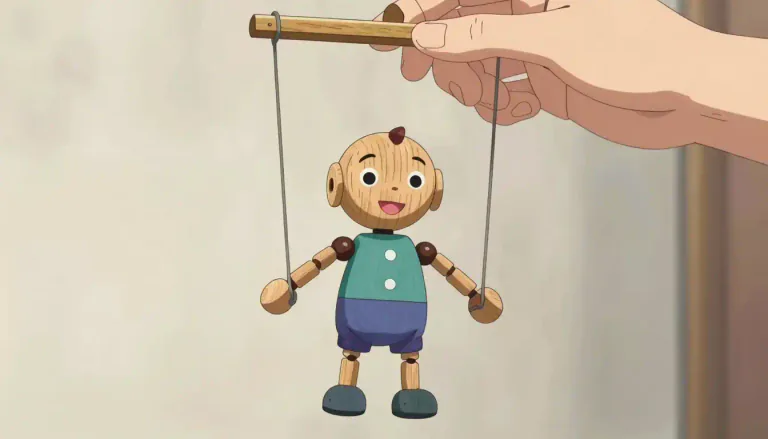 Visual representation of "puppet" - A small figure of a person or animal, made of cloth or wood, which you can move with strings or by putting your hand inside it.
