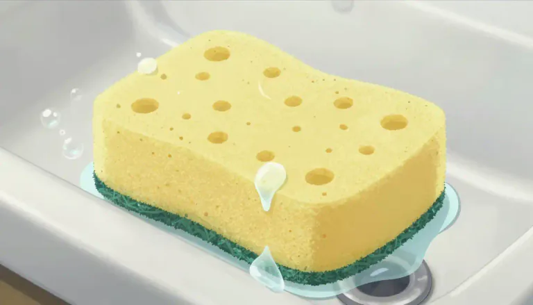Visual representation of "sponge" - A soft material full of small holes that can absorb liquid, often used for cleaning things.