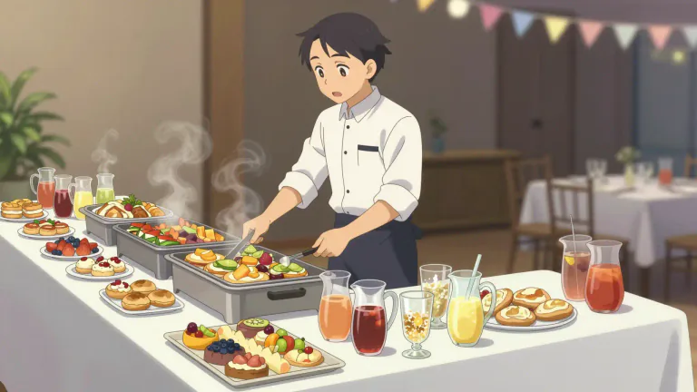 Visual representation of "cater" - To provide food or drinks at an event