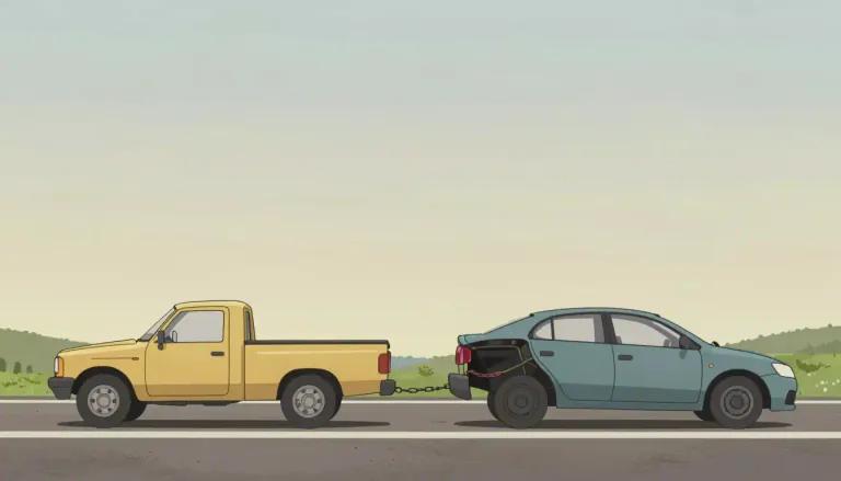 Visual representation of "tow" - To pull something, such as a vehicle or boat, behind another vehicle, using a rope or chain.
