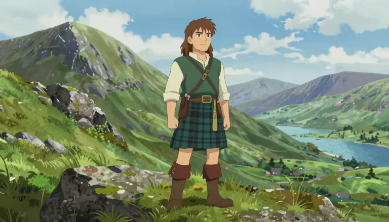 Visual representation of "highlander" - A person who lives in the highlands, a region in the north of Scotland which is not flat having high and low areas.