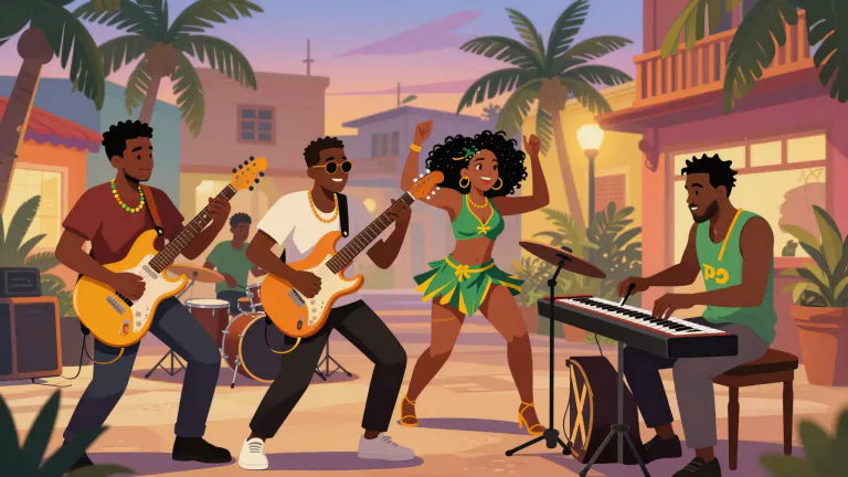 Visual representation of "ska" - A genre of music that originated in Jamaica, characterized by a strong backbeat and rhythmic guitar and piano components.
