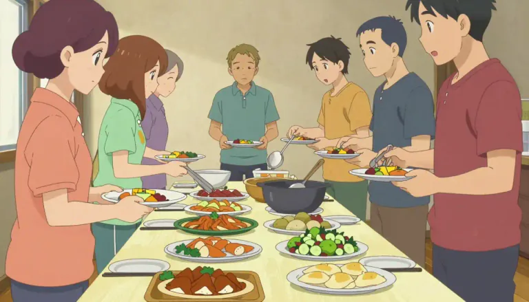 Visual representation of "buffet" - A meal set out on a table so guests can serve themselves.