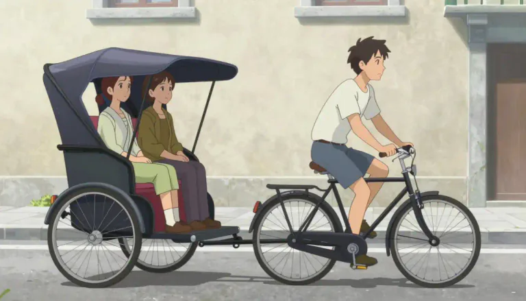 Visual representation of "pedicab" - A small, human-powered vehicle with a cab for one or two passengers, pulled by a bicycle.
