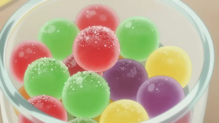 Visual representation of "gumdrop" - A gumdrop is a small, round candy that is chewy and often covered in sugar.