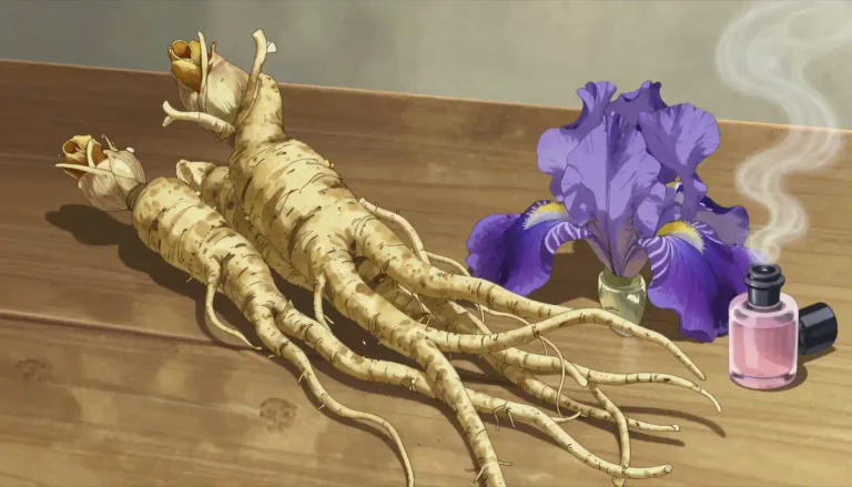 Visual representation of "orris" - A fragrant, dried root from the iris plant commonly used in perfumes and cooking.