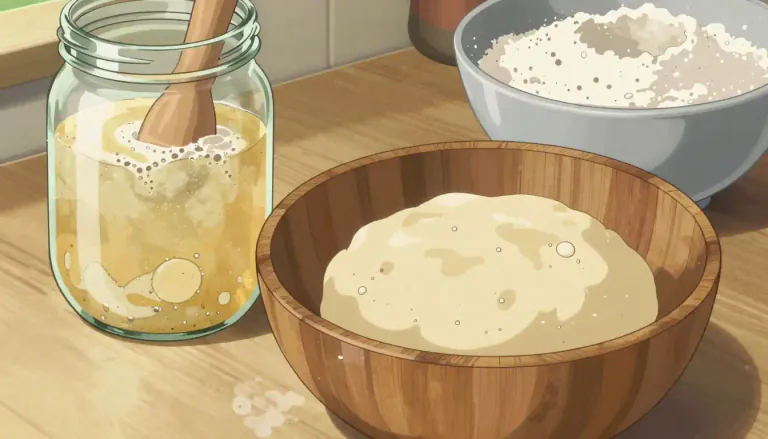 Visual representation of "sourdough" - A fermented dough or a mixture of flour and water, used as a base for making bread.