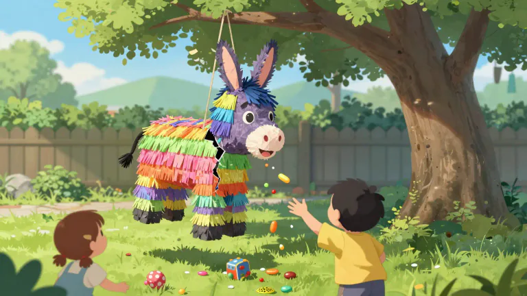 Visual representation of "pinata" - A colorful container often made of papier-mâché that is filled with candies or toys, and is usually broken as part of a celebration or game.