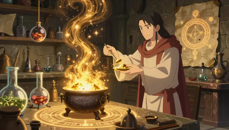 Visual representation of "alchemic" - Relating to alchemy, a historical science aimed at the transformation of matter through mystical and chemical processes.
