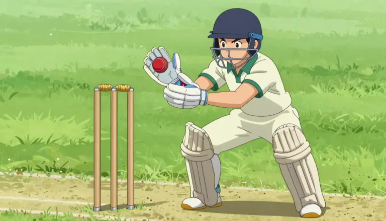 Visual representation of "wicketkeeper" - A player in cricket who stands behind the wickets to catch the ball and protect the stumps.