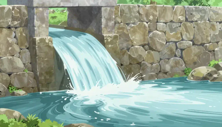 Visual representation of "efflux" - The act of flowing out or a substance that flows out from a particular point or area.