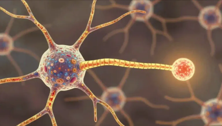 Visual representation of "axon" - A long, thin part of a nerve cell that sends messages to other cells.