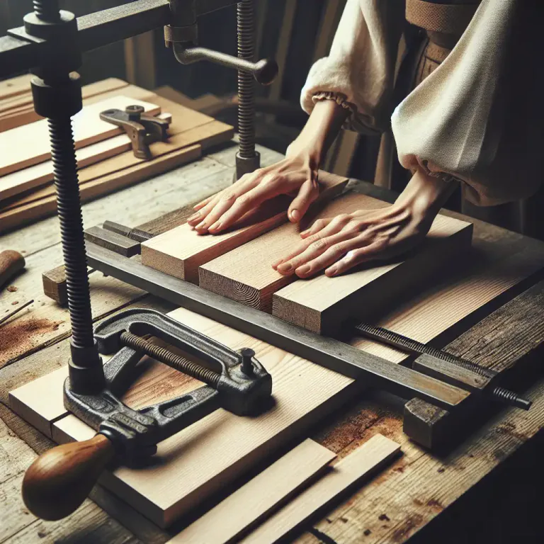 Visual representation of "cramp" - A device made of metal that is used to hold pieces of wood together while they are glued.