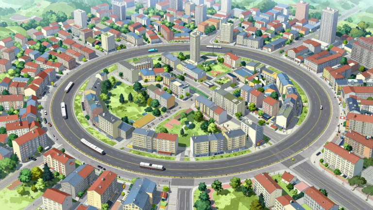 Visual representation of "beltline" - The beltline is an area surrounding a main road or transportation route that supports urban development.